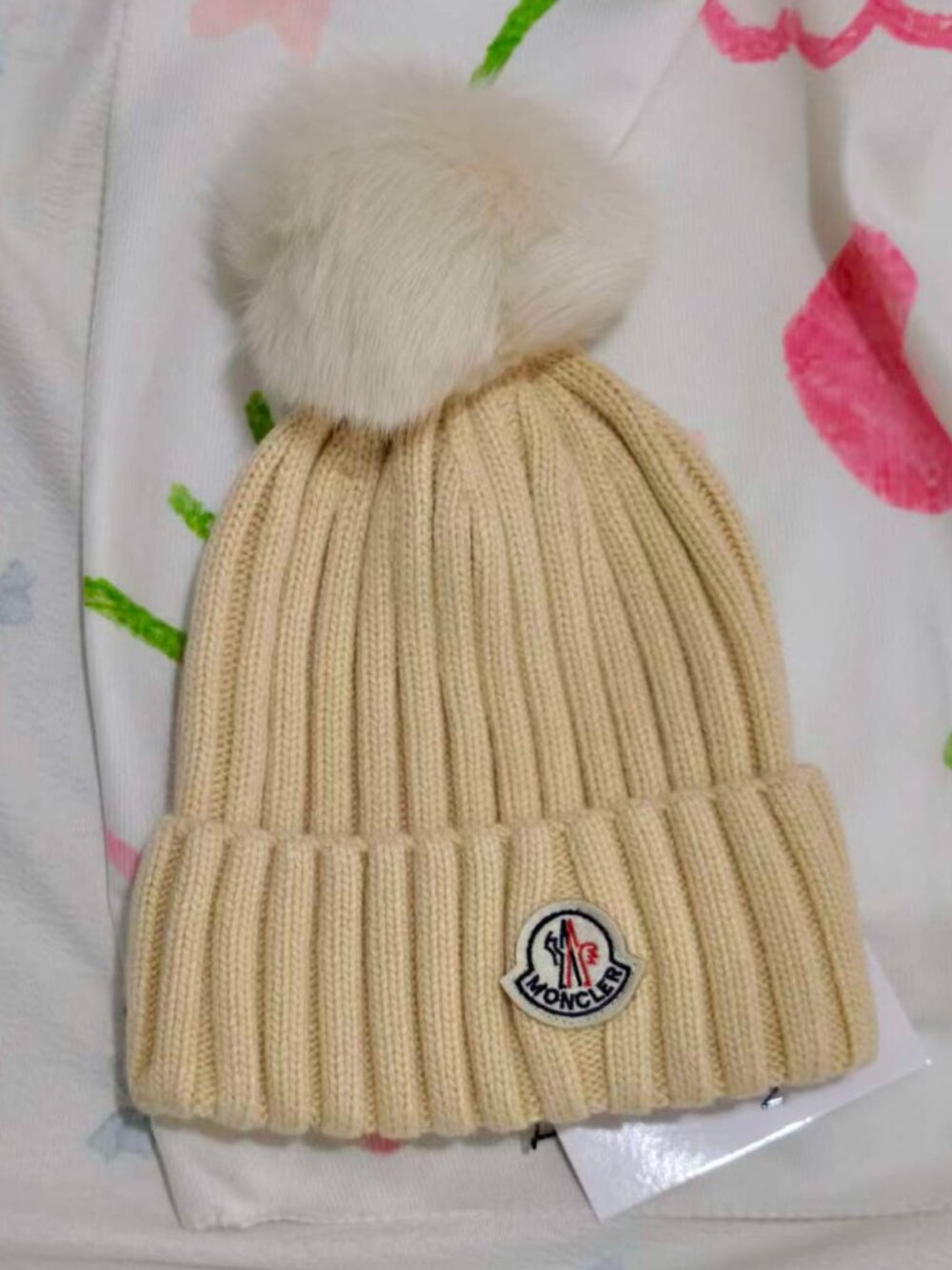 Moncler Cream Ribbed Wool Beanie With Large Fur Pom Pom Logo Patch Winter Hat